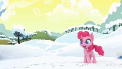 Size: 800x450 | Tagged: safe, screencap, pinkie pie, earth pony, pony, g4.5, ice and slice, my little pony: stop motion short, animated, art, eyes closed, female, gif, jumping, outdoors, sliding, snow, solo, stop motion