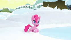 Size: 800x450 | Tagged: safe, screencap, pinkie pie, earth pony, pony, g4.5, ice and slice, my little pony: stop motion short, animated, annoyed, cake, cute, diapinkes, female, food, gif, happy, ice, outdoors, pinkie pie is not amused, sliding, slipping, snow, solo, stop motion, tongue out, unamused