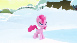 Size: 800x450 | Tagged: safe, screencap, pinkie pie, earth pony, pony, g4.5, ice and slice, my little pony: stop motion short, animated, annoyed, cake, determined, female, food, gif, ice, outdoors, sliding, snow, solo, stop motion, tree