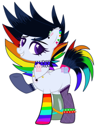 Size: 1912x2519 | Tagged: safe, artist:mint-light, artist:rukemon, oc, oc only, oc:pop candy (ice1517), earth pony, pony, icey-verse, anklet, base used, blank flank, choker, clothes, commission, ear piercing, earring, female, grin, jewelry, magical lesbian spawn, mare, mismatched socks, multicolored hair, necklace, offspring, parent:inky rose, parent:moonlight raven, parents:inkyraven, piercing, rainbow hair, rainbow socks, raised hoof, simple background, skull, smiling, socks, solo, stockings, striped socks, thigh highs, torn clothes, transparent background