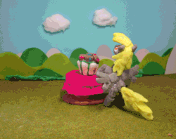 Size: 1940x1536 | Tagged: safe, artist:malte279, derpy hooves, pegasus, pony, g4, animated, craft, dances with muffin, female, food, irl, muffin, packaging, photo, rearing, sculpture, starch, starch sculpture, stop motion, table