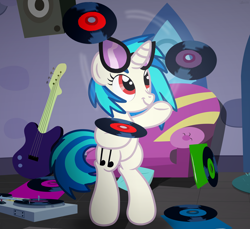 Size: 3600x3300 | Tagged: safe, artist:agkandphotomaker2000, dj pon-3, vinyl scratch, pony, unicorn, g4, bipedal, bored, couch, female, guitar, high res, indoors, irresponsible management of your collection, juggling, mare, musical instrument, show accurate, solo, vinyl disc, vinyl's glasses