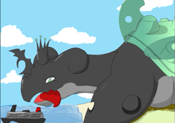Size: 819x576 | Tagged: safe, artist:metasura12, queen chrysalis, lapras, g4, chrysalapras, cloud, crossover, day, licking, licking lips, looking down, macro, pokefied, pokémon, ship, species swap, tongue out, water