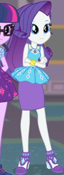 Size: 283x765 | Tagged: safe, screencap, rarity, twilight sparkle, equestria girls, g4, my little pony equestria girls: better together, school of rock, clothes, cropped, crossed arms, cute, dress, female, field trip, geode of shielding, high heels, jewelry, magical geodes, museum, raribetes, rarity peplum dress, shoes, skirt, sleeveless, waistband, wrist cuffs