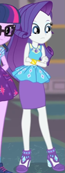 Size: 293x782 | Tagged: safe, screencap, rarity, twilight sparkle, equestria girls, equestria girls series, g4, school of rock, clothes, cropped, crossed arms, cute, dress, female, field trip, geode of shielding, high heels, jewelry, looking down, magical geodes, museum, raribetes, rarity peplum dress, shoes, skirt, sleeveless, waistband, wrist cuffs