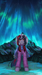 Size: 900x1607 | Tagged: safe, artist:margony, oc, oc only, oc:flydry, pony, unicorn, aurora borealis, clothes, female, looking up, mare, night, red eyes, smiling, snow, solo