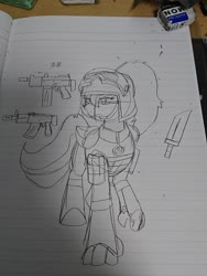 Size: 1080x1440 | Tagged: safe, artist:omegapony16, oc, oc only, oc:oriponi, hippogriff, armor, eraser, female, gun, helmet, hippogriff oc, irl, knife, lineart, lined paper, photo, solo, traditional art, weapon