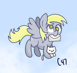 Size: 754x711 | Tagged: safe, artist:handgunboi, derpy hooves, cat, pegasus, pony, g4, carrying, cloud, cute, derpabetes, female, flying, letter, mail, mailpony, mare, mouth hold, simple background, sky, solo, spread wings, wings