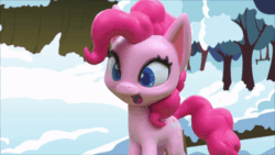 Size: 800x450 | Tagged: safe, screencap, pinkie pie, earth pony, pony, g4.5, ice and slice, my little pony: stop motion short, animated, bipedal, cute, diapinkes, female, gif, happy, hooves together, outdoors, snow, solo, stop motion, tree
