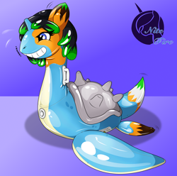 Size: 2650x2626 | Tagged: safe, artist:nitefire, oc, oc only, lapras, pony, unicorn, crossover, grin, high res, horn, inanimate tf, inflatable, inflatable toy, pokefied, pokémon, signature, smiling, species swap, transformation, unicorn oc