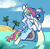 Size: 1139x1122 | Tagged: safe, artist:blastart, rainbow dash, lapras, pegasus, pony, g4, bow, cloud, crossover, duo, female, hair bow, leg warmers, mare, palm tree, pokémon, ponies riding pokémon, riding, swimming, tree, ych result