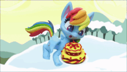 Size: 800x450 | Tagged: safe, screencap, pinkie pie, rainbow dash, earth pony, pegasus, pony, g4.5, ice and slice, my little pony: stop motion short, animated, cake, dropped, female, flying, food, food on face, gif, ice, oops, smiling, snow, stop motion, tree, wings