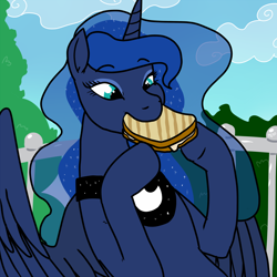 Size: 1500x1500 | Tagged: safe, artist:pony quarantine, princess luna, alicorn, pony, g4, 4chan, cheese, cute, drawthread, eating, female, food, glorious grilled cheese, grilled cheese, lunabetes, mare, nom, outdoors, sandwich, solo
