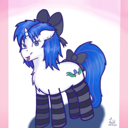 Size: 4096x4096 | Tagged: safe, artist:legionsunite, oc, oc only, oc:magenta pulse, pony, unicorn, bow, chest fluff, clothes, cute, female, mare, simple background, socks, solo, striped socks, tongue out