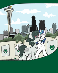 Size: 2550x3200 | Tagged: safe, alternate version, artist:lucas_gaxiola, shining armor, oc, oc:charmed clover, earth pony, pony, unicorn, g4, building, cloud, colored, female, glasses, high res, male, mare, smiling, stallion, walking