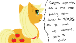 Size: 1152x648 | Tagged: safe, artist:anonymous, applejack, earth pony, pony, g4, 4chan, breaking the fourth wall, drawthread, female, looking at you, looking back, looking back at you, solo, speech bubble