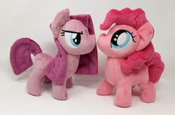 Size: 1500x983 | Tagged: safe, artist:hipsterowlet, pinkie pie, earth pony, pony, g4, chibi, duality, irl, photo, pinkamena diane pie, plushie, self ponidox