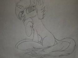 Size: 2016x1512 | Tagged: safe, artist:straighttothepointstudio, oc, oc only, pony, unicorn, black and white, blushing, female, fluffy, grayscale, licking, long tail, looking at you, mare, monochrome, short mane, sitting, solo, tongue out, traditional art