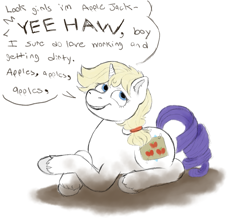 Size: 1089x951 | Tagged: safe, artist:anonymous, applejack, rarity, pony, unicorn, g4, simple ways, 4chan, bleached hair, covered cutie mark, disguise, drawthread, female, mud, solo, speech bubble, tape, text