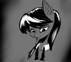 Size: 1373x1190 | Tagged: safe, artist:anonymous, octavia melody, earth pony, pony, g4, 4chan, bowtie, bust, cigarette, drawthread, female, monochrome, noir, noire, sad, solo