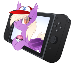 Size: 3658x3251 | Tagged: safe, alternate character, alternate version, artist:scarlet-spectrum, oc, oc only, oc:pinkfull night, bat pony, pony, bat pony oc, blushing, cap, female, glasses, hat, high res, looking at you, nintendo switch, poké ball, pokémon, simple background, smiling, smiling at you, solo, teenager, transparent background