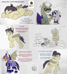 Size: 1280x1416 | Tagged: safe, artist:unhinged_pony, oc, oc only, oc:mercury hunterborne, bat pony, pony, armor, baby, baby pony, bat pony oc, chest fluff, choker, colt, eeee, eyes closed, face paint, female, grin, helmet, hoof shoes, male, mare, night guard, raised hoof, reference sheet, sleeping, smiling, stallion, sunglasses, swaddling, traditional art, unamused