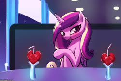 Size: 1125x750 | Tagged: safe, artist:lumineko, princess cadance, alicorn, pony, g4, date, drink, drinking straw, female, hearts and hooves day, holiday, looking at you, mare, raised hoof, valentine's day