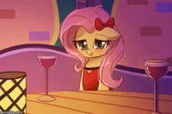 Size: 1125x750 | Tagged: safe, artist:lumineko, fluttershy, pegasus, pony, g4, bow, bronybait, candle, clothes, cute, dialogue, digital art, dress, female, glass, hair bow, hearts and hooves day, mare, shyabetes, smiling, solo, wine glass