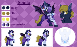 Size: 6000x3632 | Tagged: safe, artist:euspuche, oc, oc only, oc:souda, bat pony, pony, armor, bat pony oc, clothes, commission, looking at you, looking back, male, night guard armor, raised hoof, reference sheet, skirt, smiling, vampire hunter