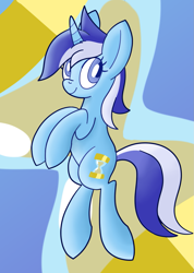 Size: 1051x1479 | Tagged: safe, artist:notadeliciouspotato, minuette, pony, unicorn, g4, abstract background, bipedal, cute, cutie mark background, featured image, female, looking at you, mare, minubetes, smiling, solo, sweet dreams fuel