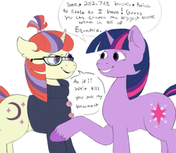 Size: 1089x951 | Tagged: safe, artist:anonymous, moondancer, twilight sparkle, pony, unicorn, g4, 4chan, colored hooves, dialogue, drawthread, duo, female, mare, simple background, speech bubble, text, white background