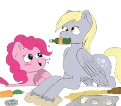 Size: 1089x951 | Tagged: safe, artist:anonymous, derpy hooves, pinkie pie, earth pony, pegasus, pony, g4, 4chan, baking, carrot, drawthread, duo, food, hot sauce, muffin tray, tuna