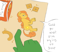 Size: 1089x951 | Tagged: safe, artist:anonymous, bumblesweet (g3), oc, oc:anon, earth pony, human, pony, g3, 4chan, cheetos, cheez-it, drawthread, green skin, micro, offscreen character, speech bubble, text