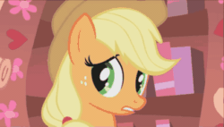 Size: 423x240 | Tagged: safe, screencap, applejack, rarity, g4, look before you sleep, animated, applying, cucumber, cucumber monocle, female, food, gif, golden oaks library, mud mask, offscreen character, solo focus