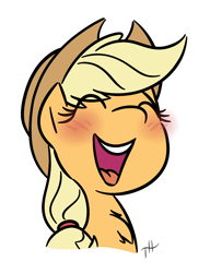 Size: 1150x1500 | Tagged: safe, artist:fakskis, applejack, earth pony, pony, g4, applejack's hat, blushing, chest fluff, cowboy hat, cute, eyes closed, female, hat, jackabetes, mare, open mouth, simple background, solo, teeth, white background, yeehaw