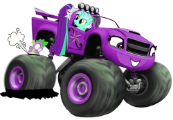 Size: 1553x1080 | Tagged: safe, artist:electrahybrida, aria blaze, lyra heartstrings, spike, g4, blaze and the monster machines, crossover, flat tire, monster machine, monster truck, nailed it, pun, simple background, transparent background, truck, visual pun