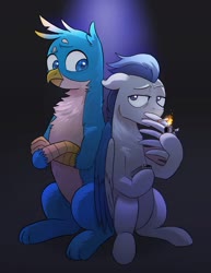 Size: 1854x2400 | Tagged: safe, artist:draw3, gallus, rumble, griffon, pegasus, pony, g4, 4chan, back to back, cigarette, drawthread, duo, lighter, smoking, wing hands, wings, zippo