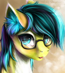 Size: 1024x1142 | Tagged: safe, artist:koi-to, oc, oc only, oc:lu le, pony, blue eyes, blue mane, ear fluff, fangs, glasses, looking at you, open mouth, solo