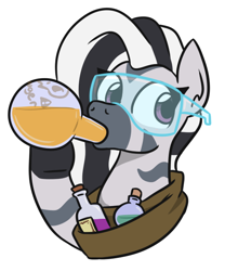 Size: 532x638 | Tagged: safe, artist:jargon scott, oc, oc only, oc:zeal lanatus, pony, zebra, bust, clothes, drinking, jarg is a poot, portrait, potion, safety goggles, simple background, solo, this will end in death, white background, zebra oc
