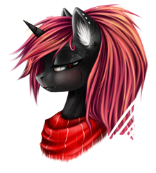 Size: 2323x2581 | Tagged: safe, artist:koi-to, oc, oc only, cyborg, cyborg pony, pony, unicorn, black coat, clothes, ear fluff, frown, high res, lidded eyes, looking at you, scarf, simple background, solo, transparent background