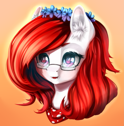 Size: 1281x1303 | Tagged: safe, artist:koi-to, oc, oc only, pony, clothes, ear fluff, female, floral head wreath, flower, glasses, mare, open mouth, red mane, scarf, solo, white coat, wreath