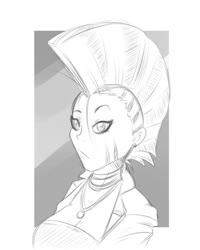Size: 1024x1280 | Tagged: safe, artist:albertbm, zecora, human, g4, breasts, bust, cleavage, clothes, ear piercing, earring, female, humanized, jacket, jewelry, monochrome, necklace, piercing, portrait, sketch, solo
