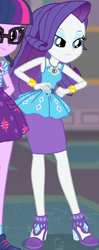 Size: 318x805 | Tagged: safe, screencap, rarity, twilight sparkle, equestria girls, g4, my little pony equestria girls: better together, school of rock, clothes, cropped, cute, dress, female, field trip, geode of shielding, hand on hip, high heels, jewelry, lidded eyes, looking down, magical geodes, museum, raribetes, rarity peplum dress, shoes, skirt, sleeveless, wrist cuffs