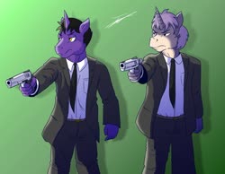 Size: 1280x995 | Tagged: safe, artist:beowulf100, oc, oc only, unicorn, anthro, clothes, commission, digital art, gun, handgun, male, pistol, pulp fiction, simple background, suit, weapon