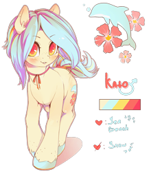 Size: 1677x1905 | Tagged: safe, artist:koi-to, oc, oc only, oc:kato, dolphin, earth pony, pony, blue mane, blushing, flower, freckles, jewelry, looking at you, male, multicolored mane, necklace, reference sheet, simple background, solo, standing, tail wrap, transparent background, unshorn fetlocks, walking, yellow coat