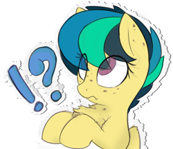 Size: 512x441 | Tagged: safe, artist:naviboy, artist:telegram, derpibooru exclusive, oc, oc only, oc:apogee, pegasus, pony, chest fluff, exclamation point, female, filly, freckles, interrobang, looking up, question mark, simple background, solo, sticker, transparent background