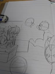 Size: 1080x1440 | Tagged: safe, artist:omegapony16, oc, oc only, oc:oriponi, bat pony, pony, argument, bat pony oc, eating, eraser, female, hoof hold, irl, lineart, lined paper, looking back, mare, photo, traditional art