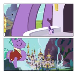 Size: 1239x1162 | Tagged: safe, artist:dashiesparkle, firelight, starlight glimmer, pony, unicorn, g4, butt, canterlot, castle, continuity, female, giant firelight, giant pony, macro, male, mare, plot, raised hoof, size difference, stallion