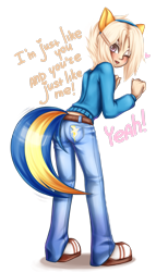 Size: 1924x3118 | Tagged: safe, artist:koi-to, oc, oc only, oc:ruru, earth pony, anthro, brown eyes, clothes, female, heart, jeans, looking at you, looking back, looking back at you, not applejack, one eye closed, pants, simple background, slippers, solo, sweater, transparent background, two toned tail, yellow mane