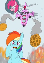 Size: 1451x2048 | Tagged: safe, alternate version, artist:omegapony16, pinkie pie, rainbow dash, earth pony, pegasus, pony, g4, secrets and pies, colored, duo, female, fire, flying, food, helicopter, mare, pie, running, scared, smiling